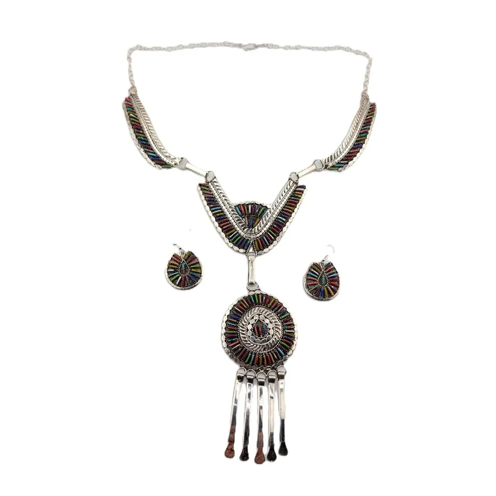 Navajo Multi-Stone Petit Needle Point Necklace and Earrings‎ Set jewelry**